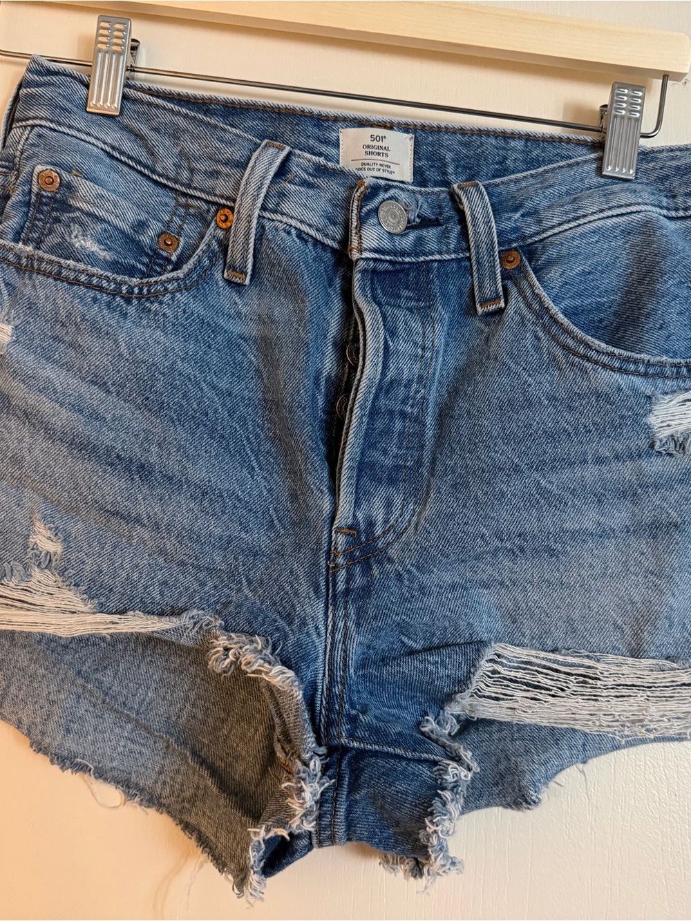 Levi's Distressed Light Blue High-Rise Jean Shorts